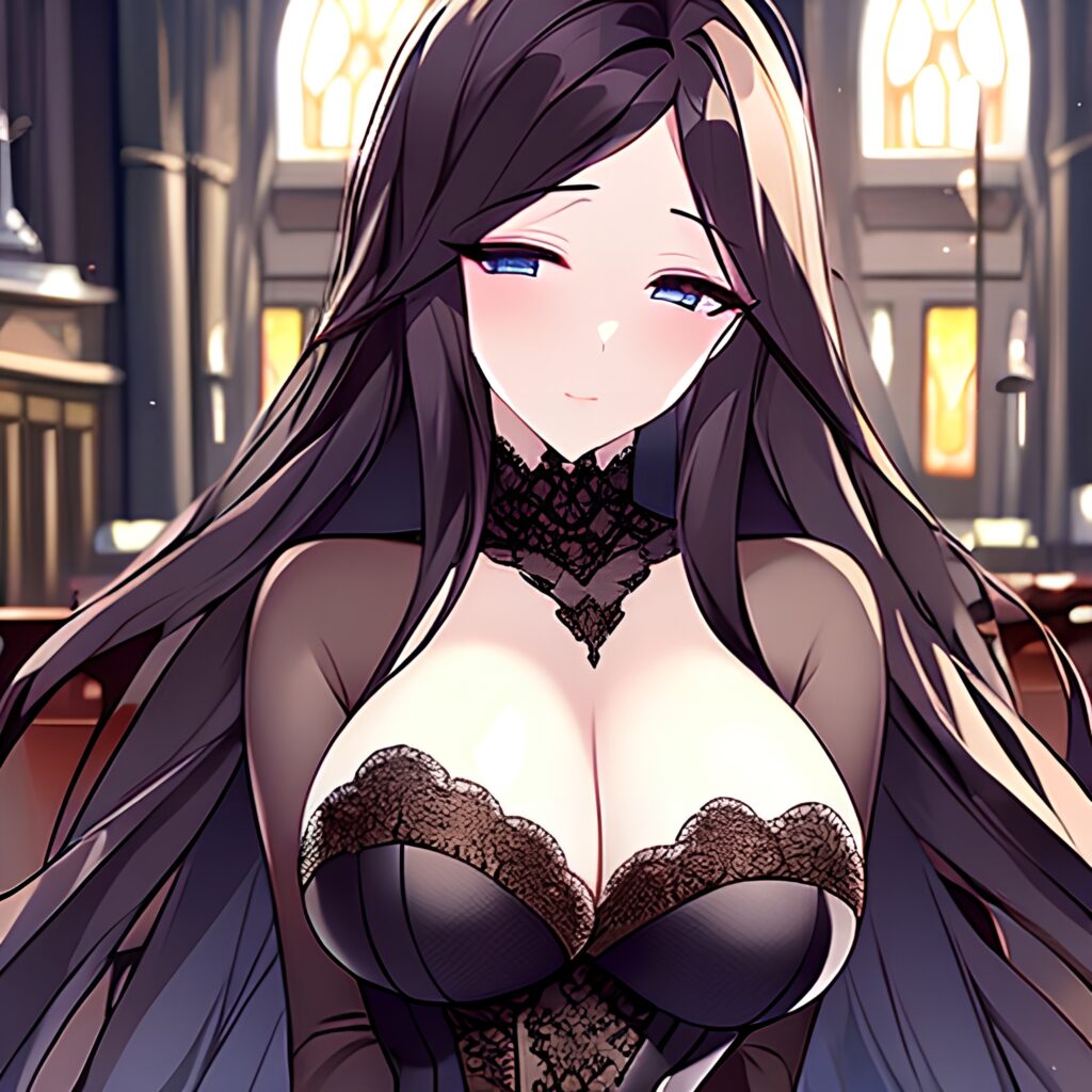 brunette woman long hair fishnet church messy hair 