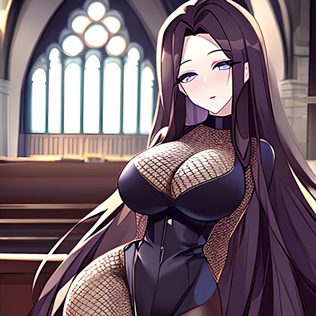 brunette woman long hair fishnet church messy hair 