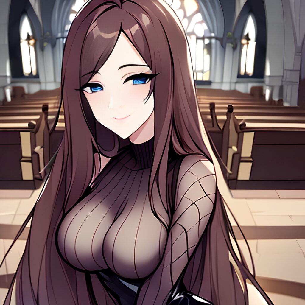 brunette woman long hair fishnet messy hair church 