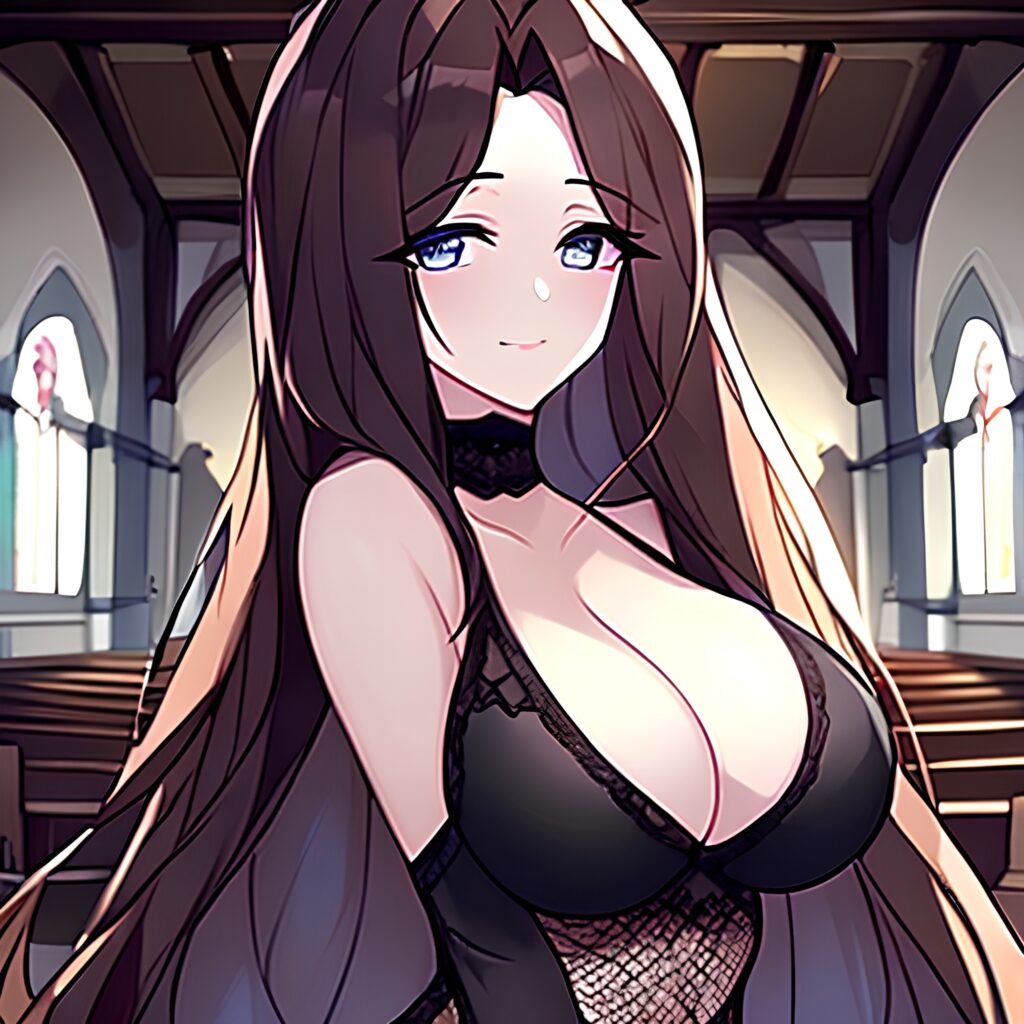 brunette woman long hair fishnet messy hair church 