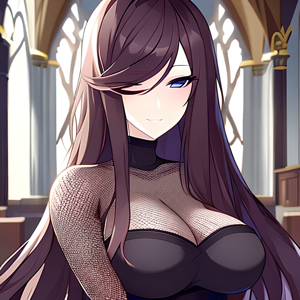 brunette woman long hair fishnet messy hair church 