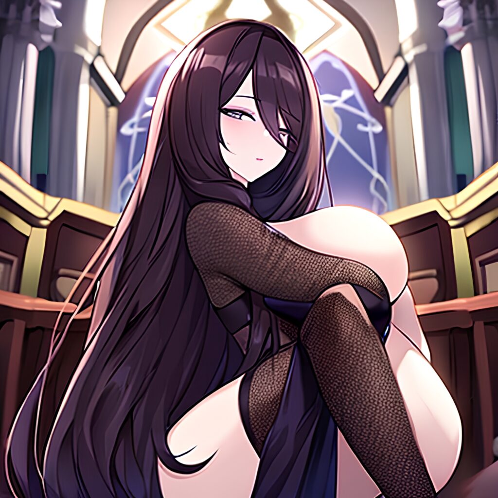 brunette woman long hair fishnet messy hair church 