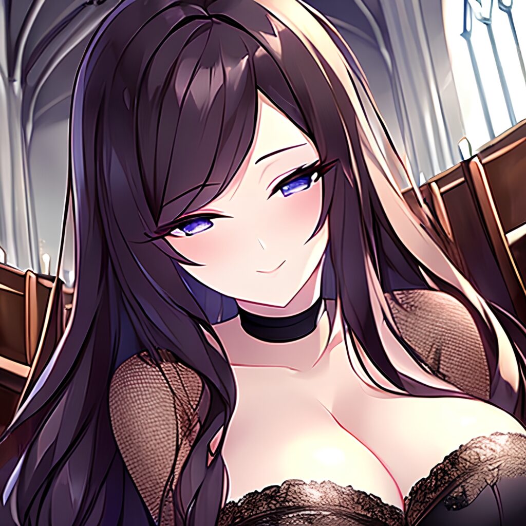 brunette woman long hair fishnet messy hair church 