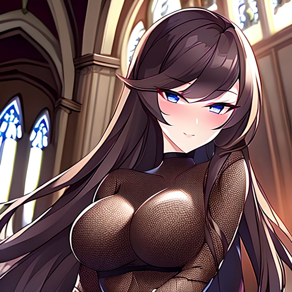 brunette woman long hair fishnet messy hair church 