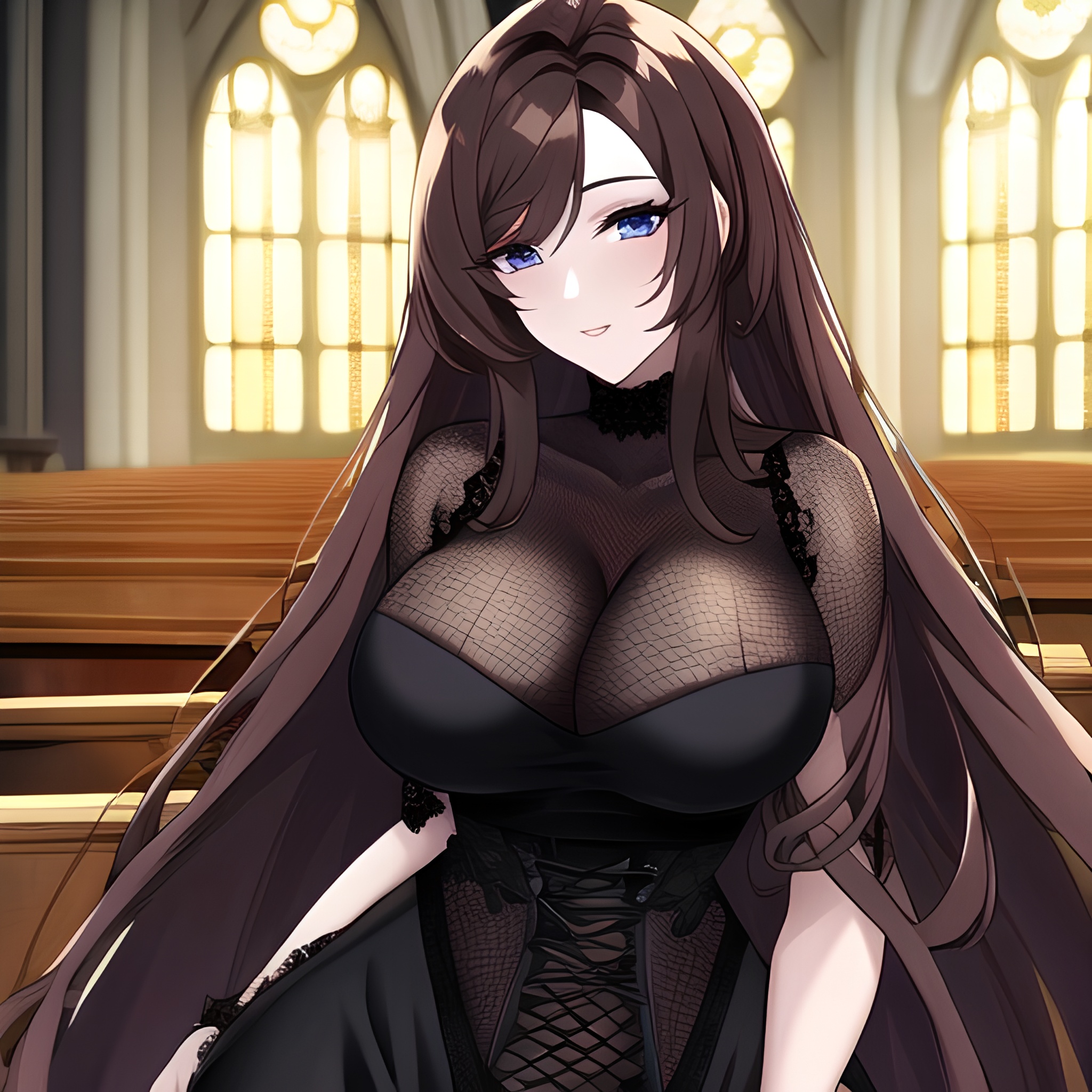 brunette woman long hair messy hair church fishnet 