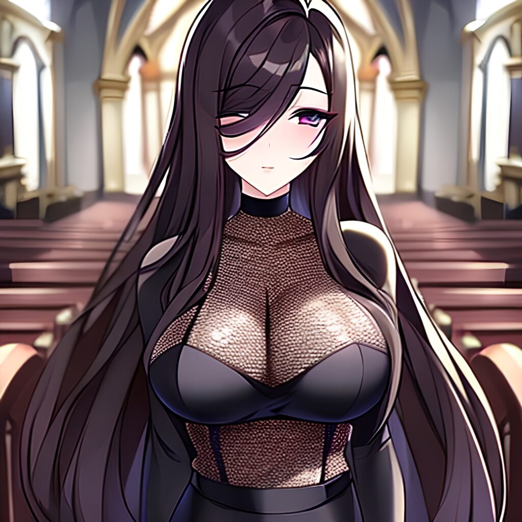 brunette woman long hair messy hair fishnet church 