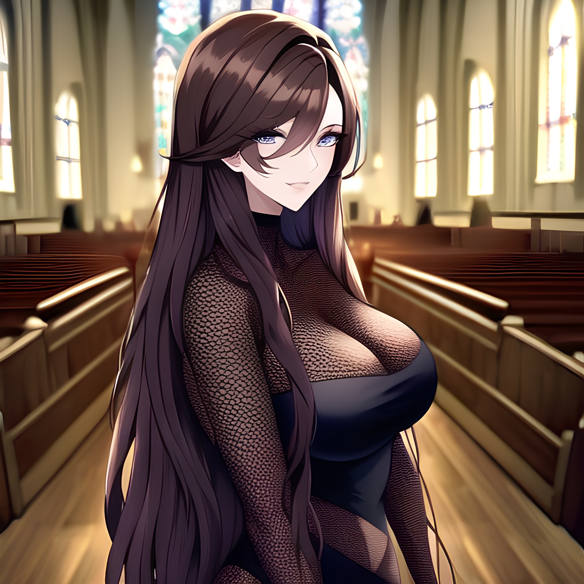 brunette woman long hair messy hair fishnet church 
