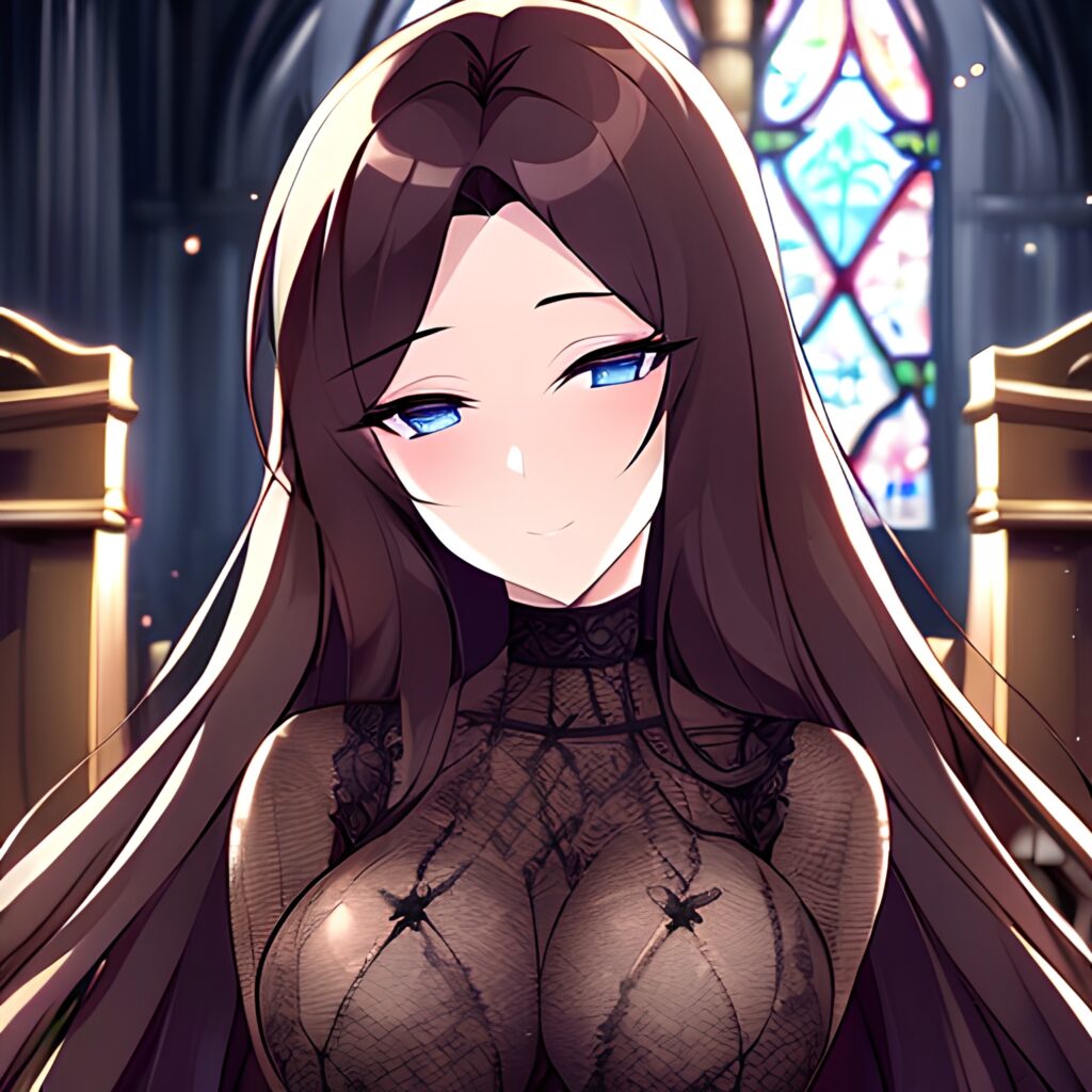 brunette woman long hair messy hair fishnet church 