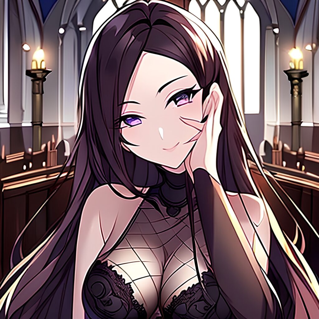 brunette woman messy hair church fishnet long hair 