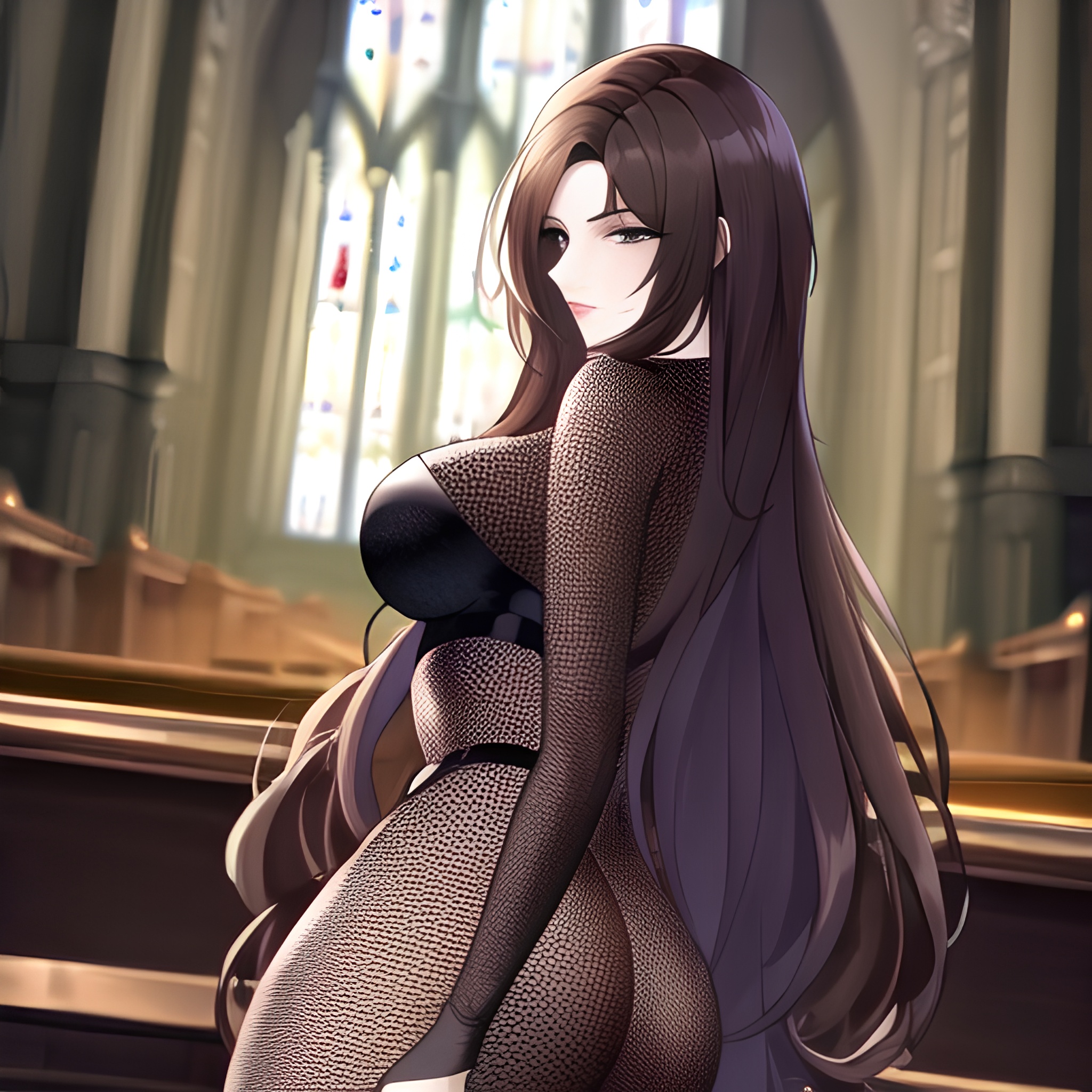 brunette woman messy hair church fishnet long hair 