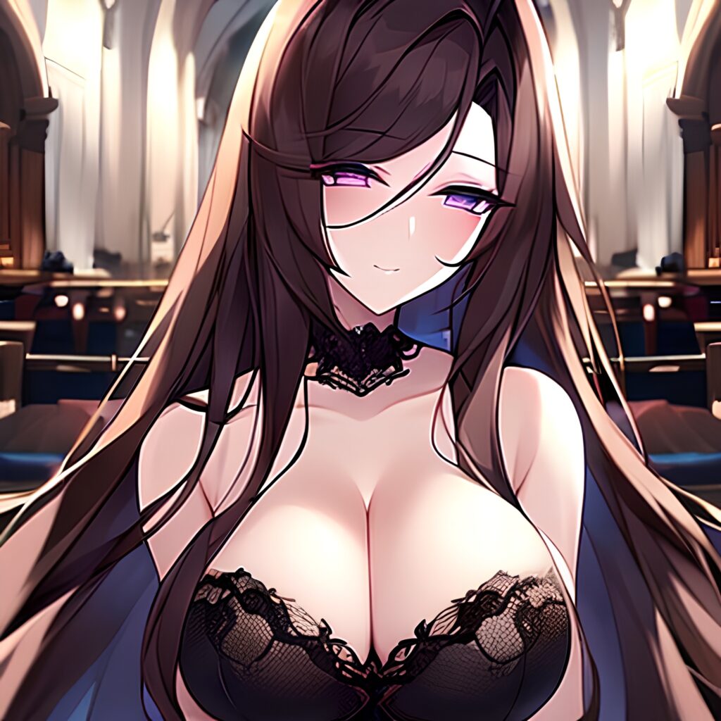 brunette woman messy hair church fishnet long hair 