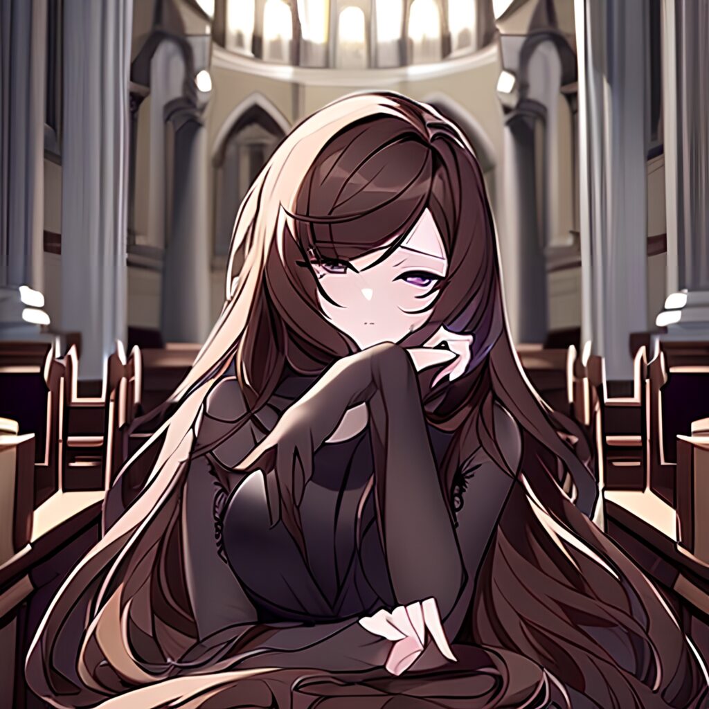 brunette woman messy hair church long hair fishnet