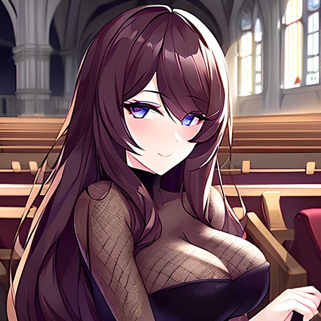 brunette woman messy hair church long hair fishnet 