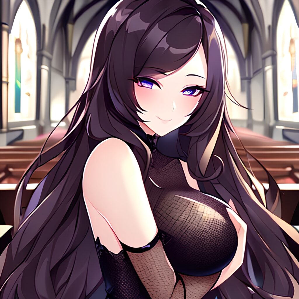 brunette woman messy hair church long hair fishnet 