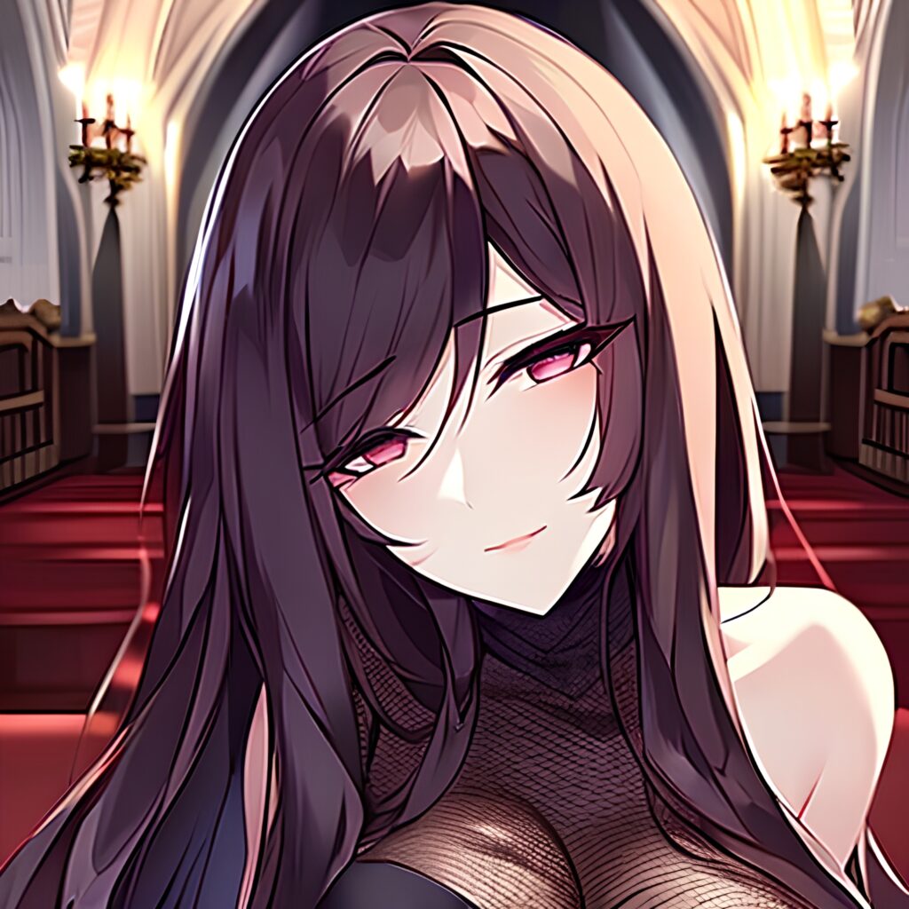 brunette woman messy hair church long hair fishnet 