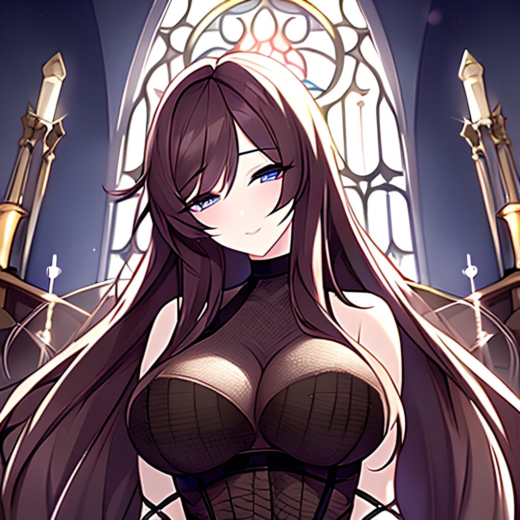 brunette woman messy hair church long hair fishnet 