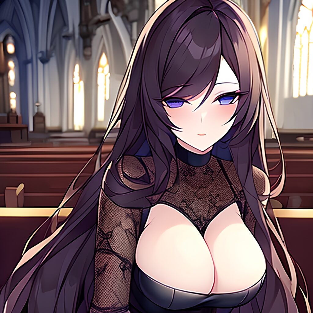 brunette woman messy hair church long hair fishnet 