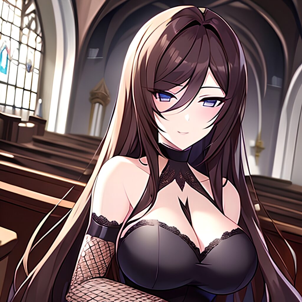 brunette woman messy hair fishnet church long hair