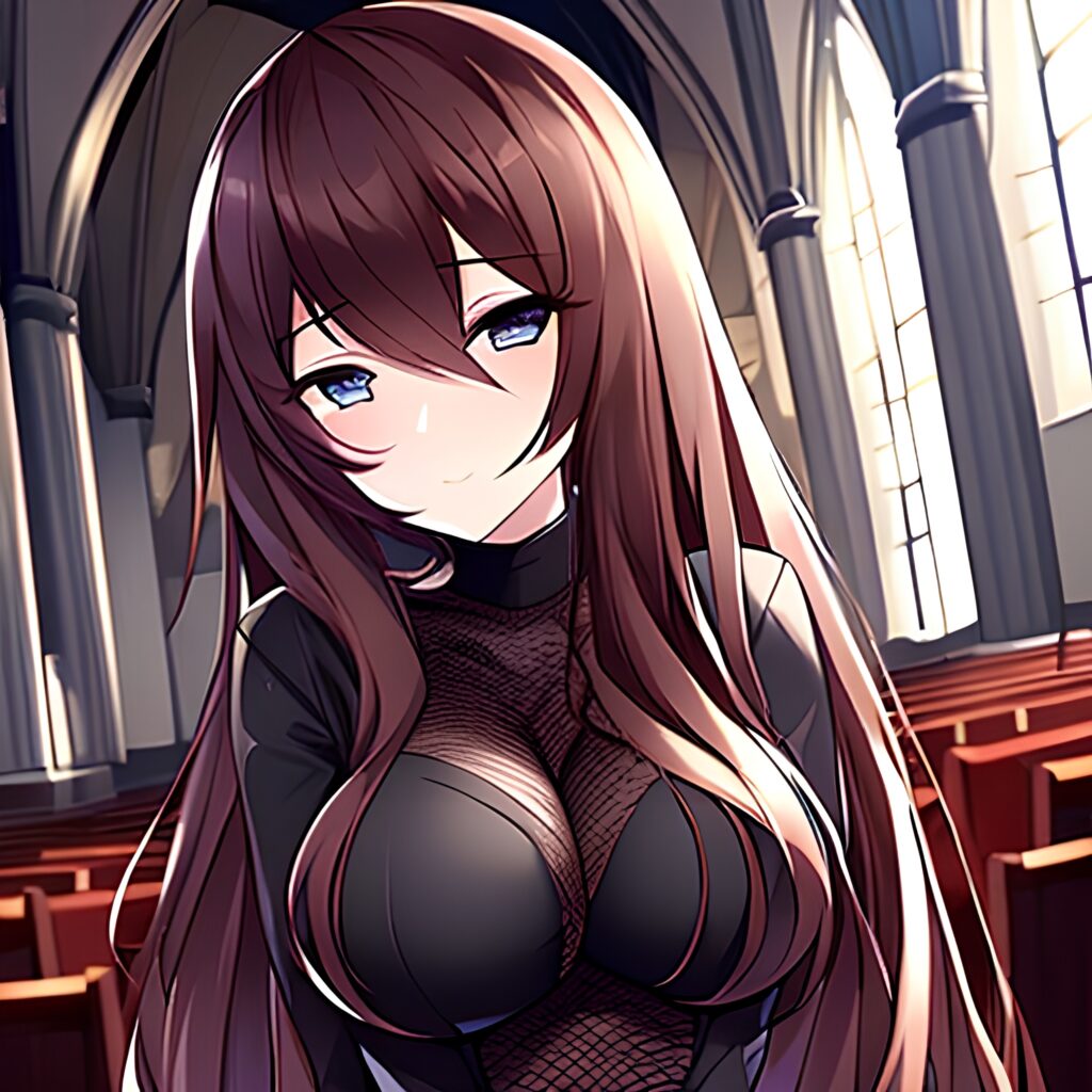 brunette woman messy hair fishnet church long hair 