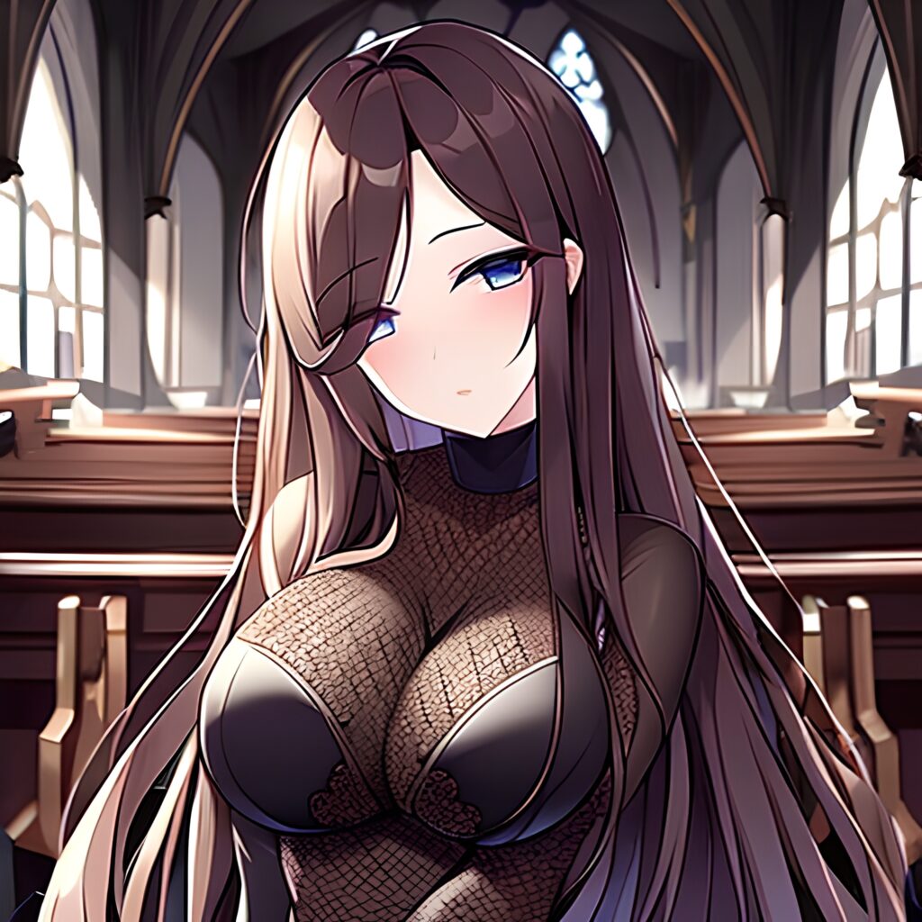 brunette woman messy hair fishnet church long hair 