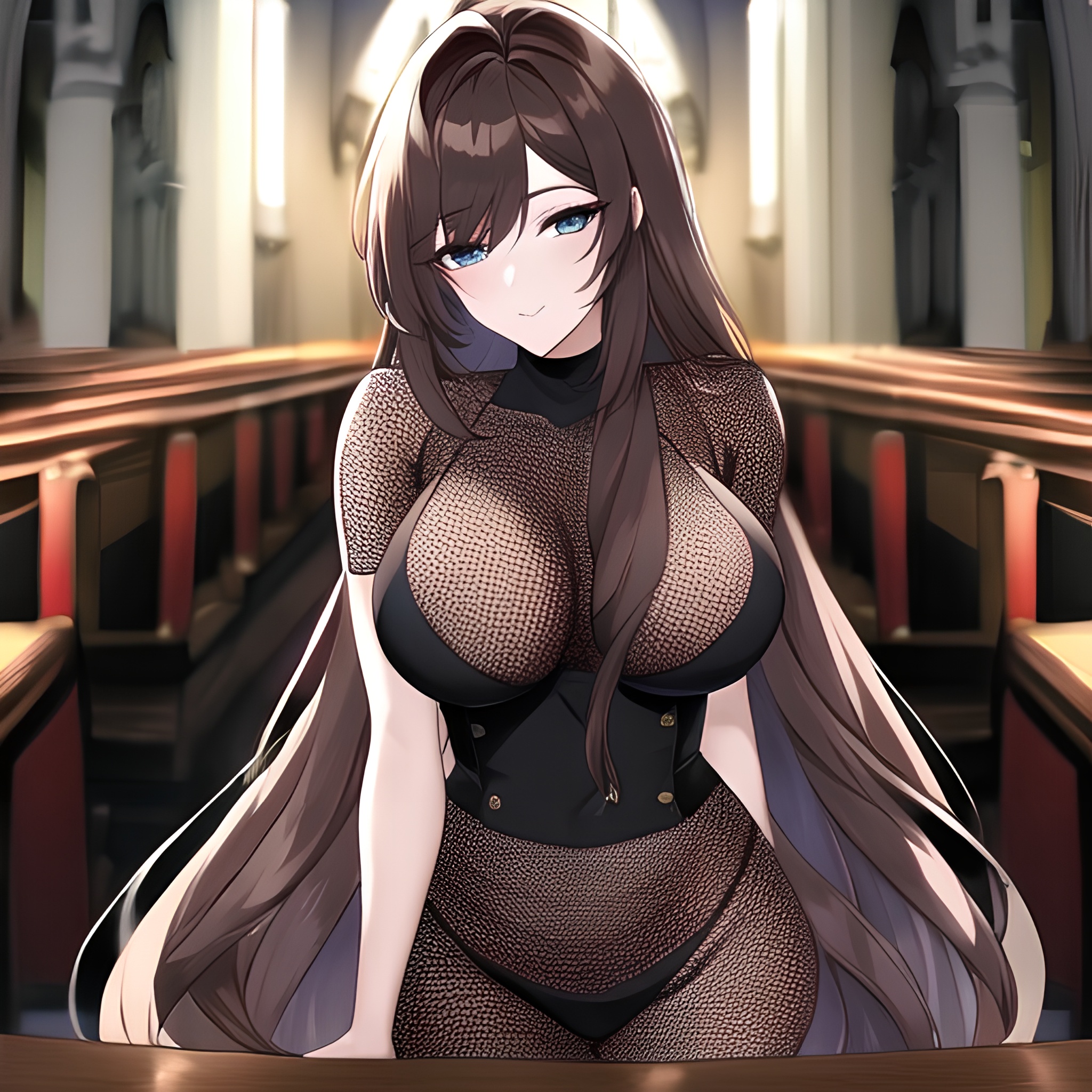 brunette woman messy hair fishnet church long hair 