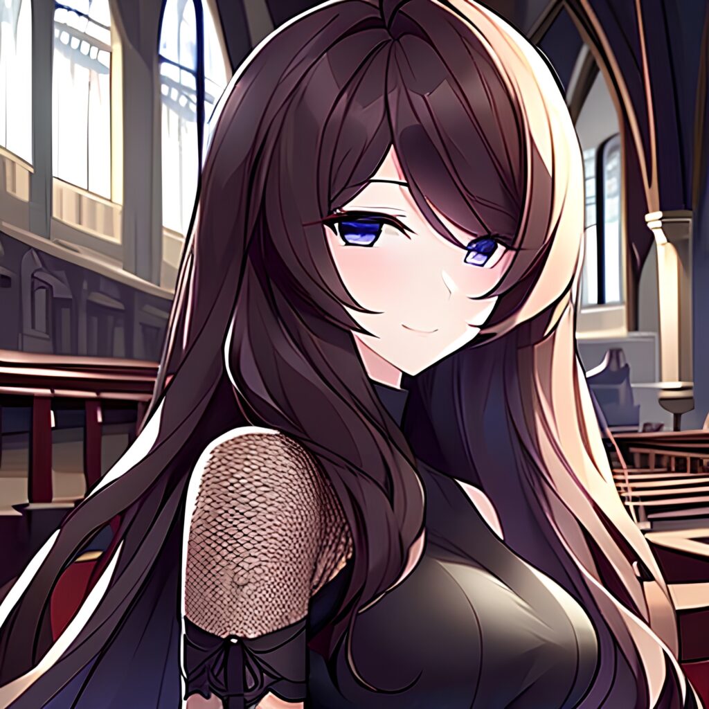 brunette woman messy hair fishnet long hair church 