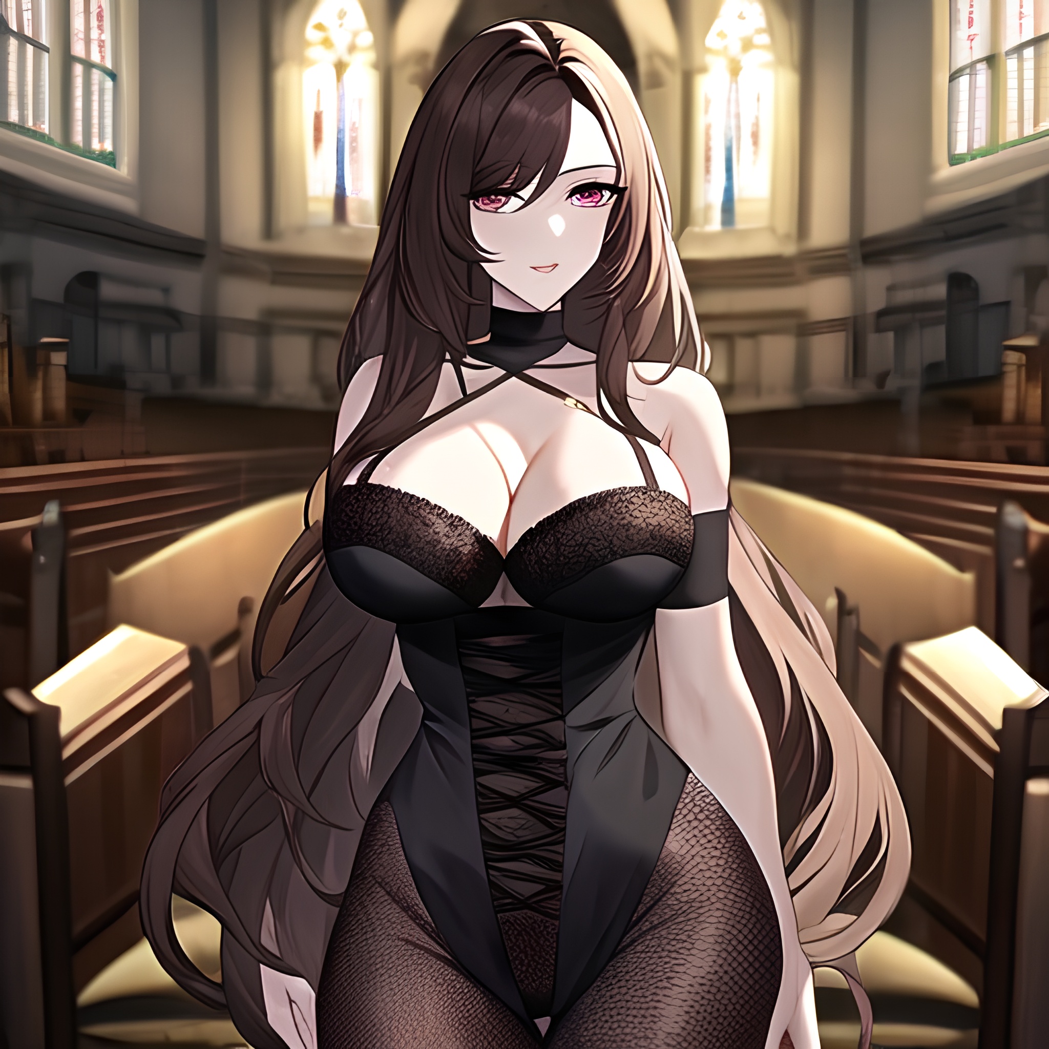 brunette woman messy hair fishnet long hair church 