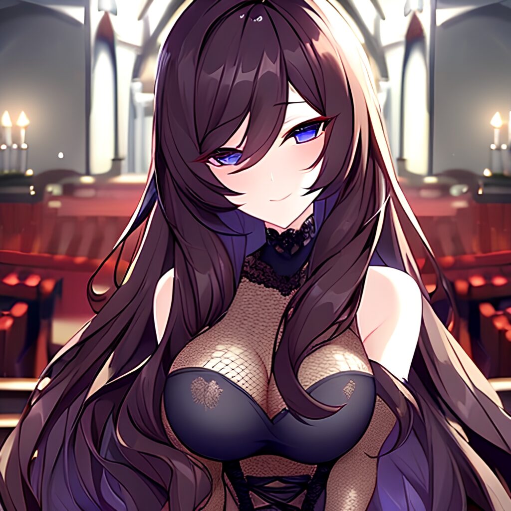 brunette woman messy hair fishnet long hair church 