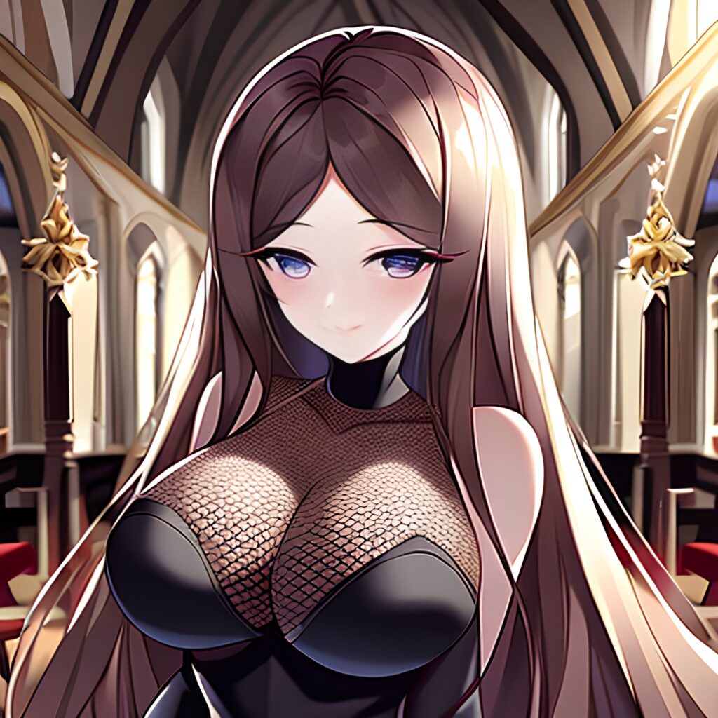 brunette woman messy hair fishnet long hair church 