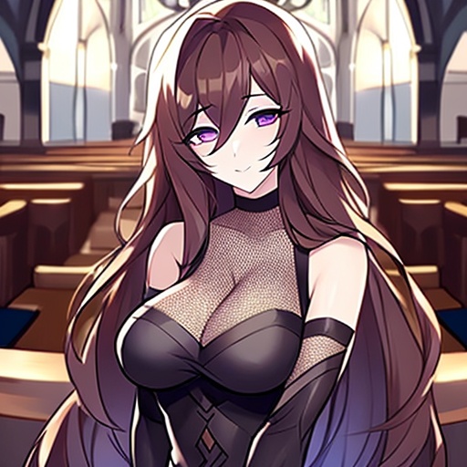 brunette woman messy hair fishnet long hair church 