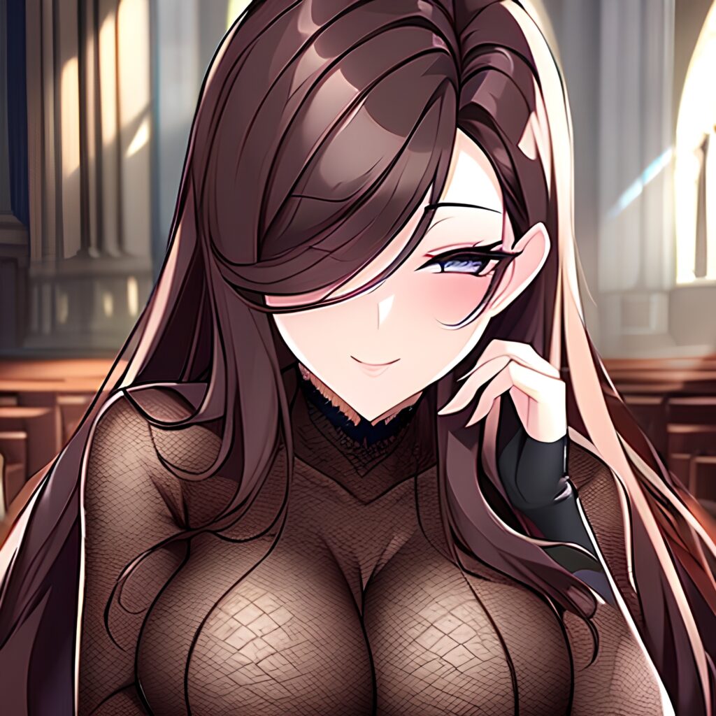 brunette woman messy hair long hair church fishnet