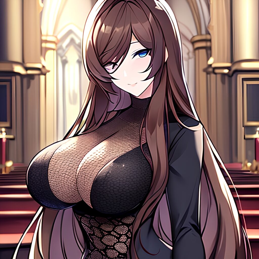 brunette woman messy hair long hair church fishnet 