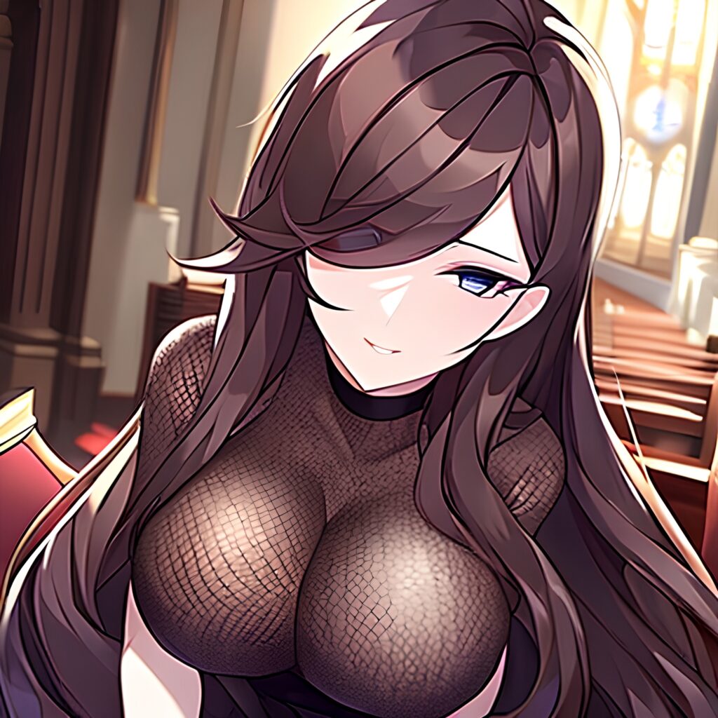 brunette woman messy hair long hair church fishnet 