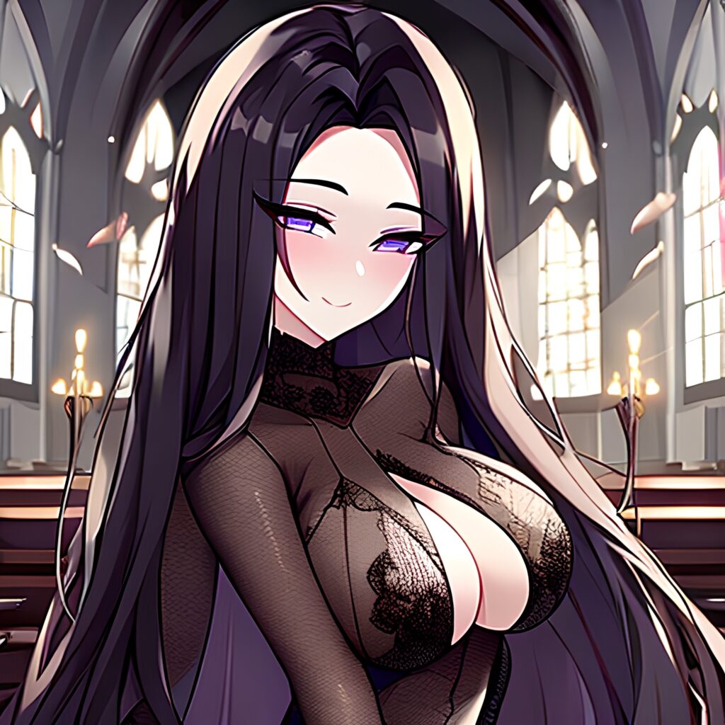 brunette woman messy hair long hair church fishnet 