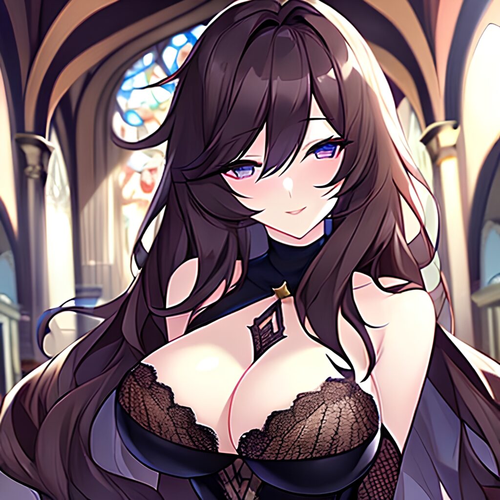 brunette woman messy hair long hair church fishnet 