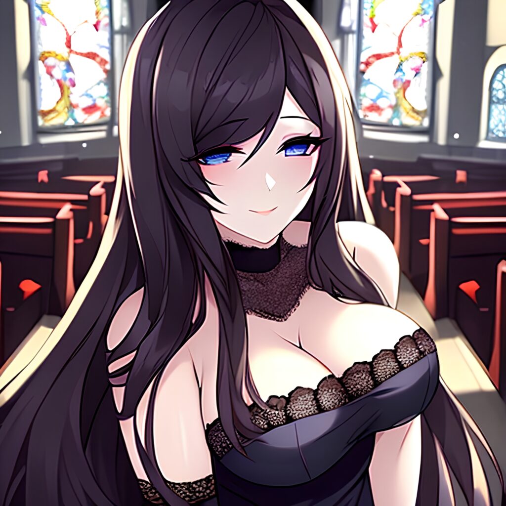 brunette woman messy hair long hair church fishnet 