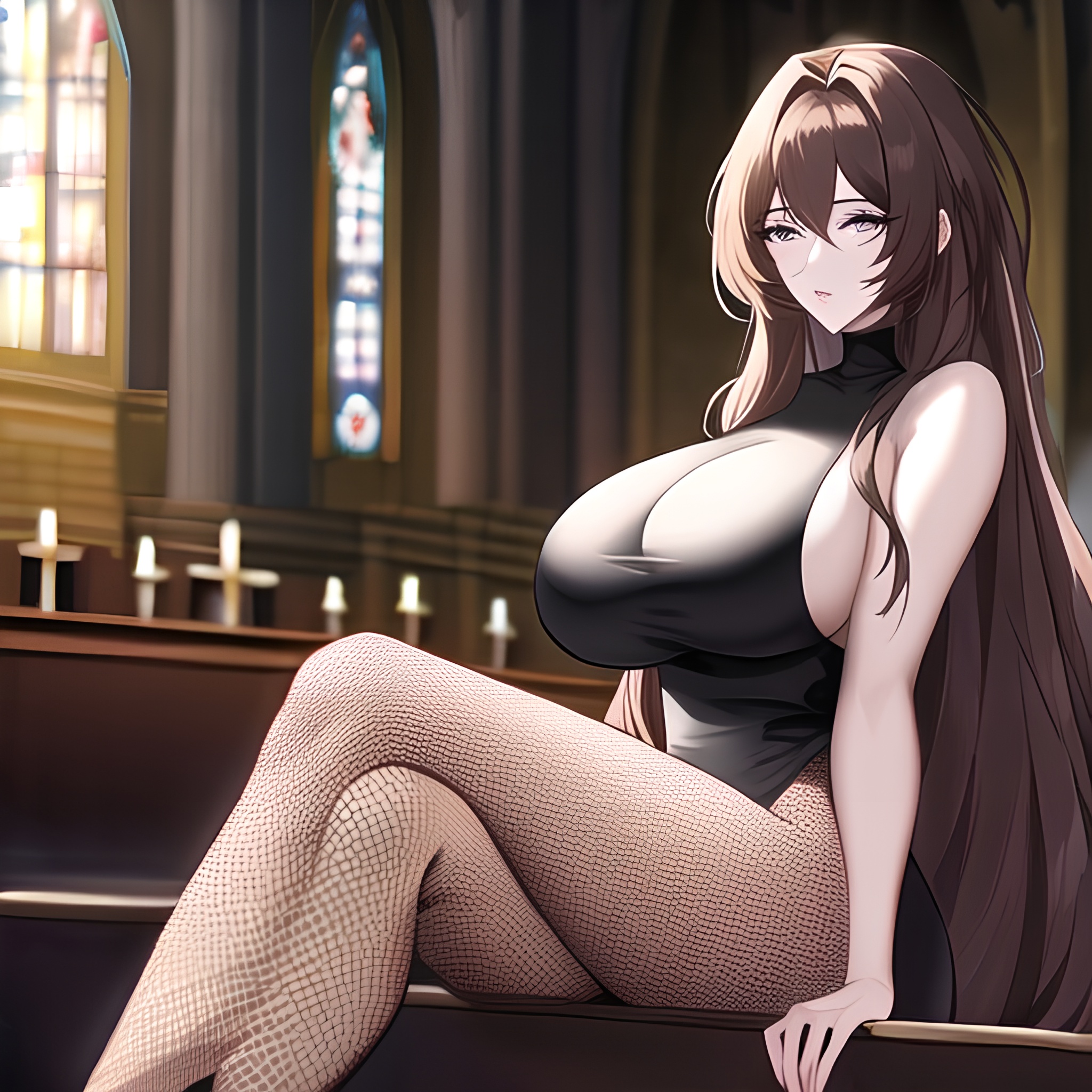 brunette woman messy hair long hair fishnet church 