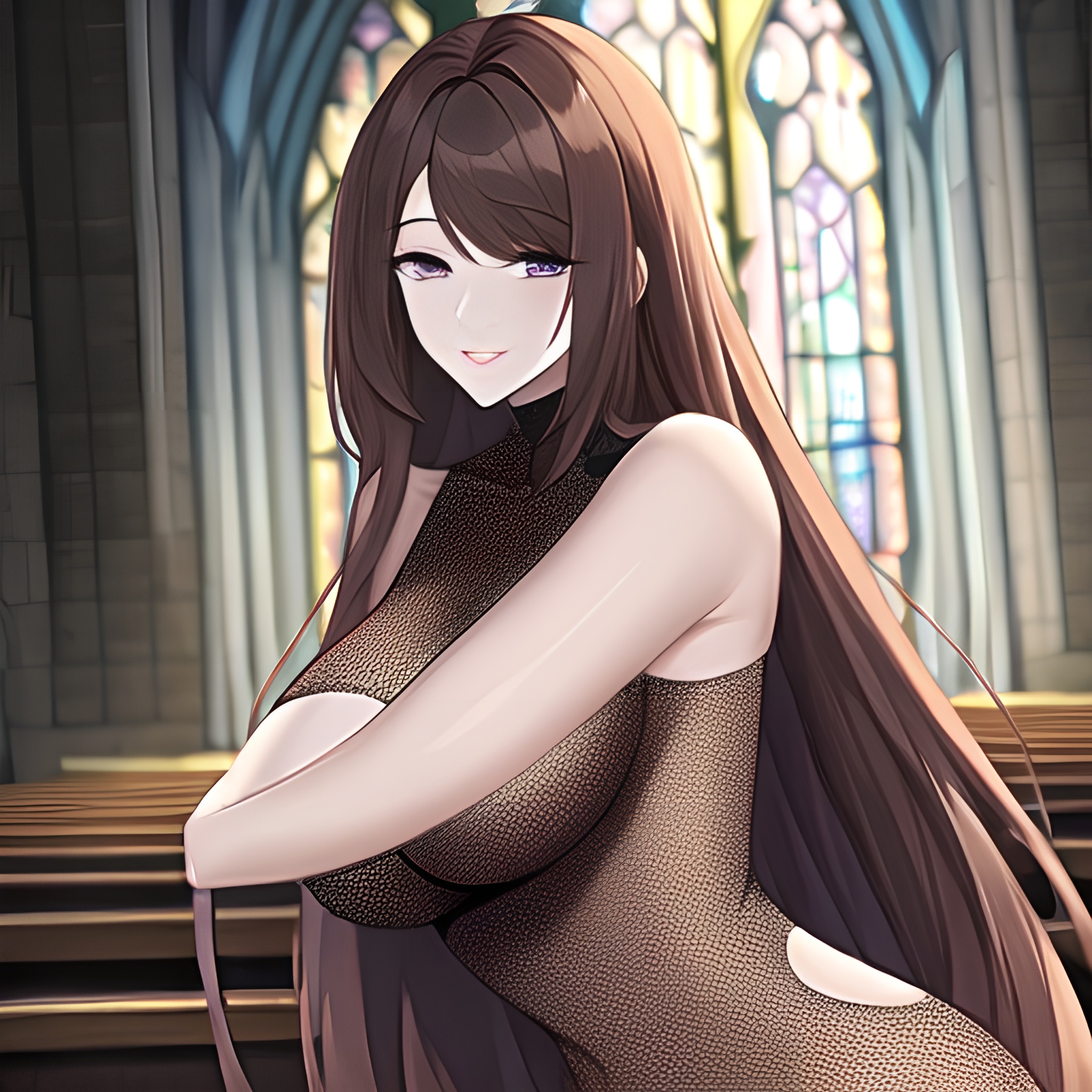 brunette woman messy hair long hair fishnet church 