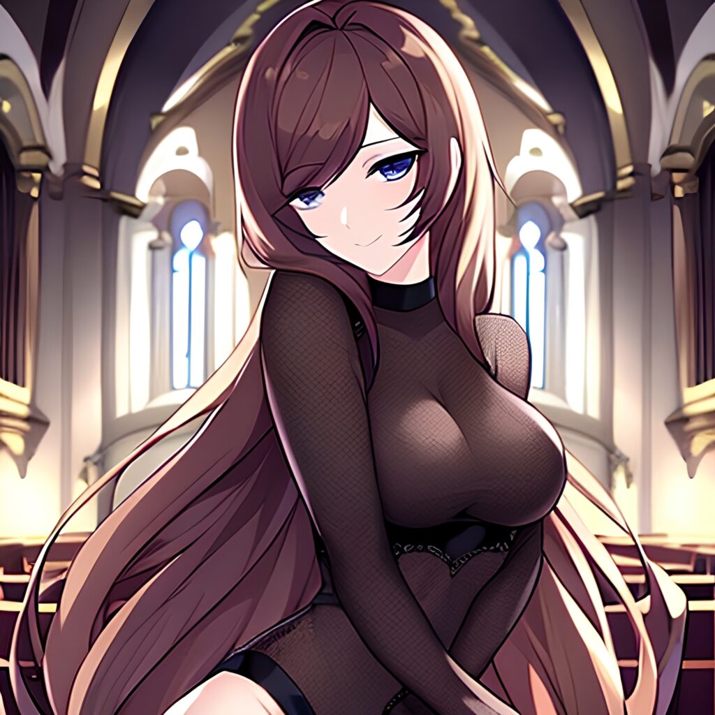 brunette woman messy hair long hair fishnet church 