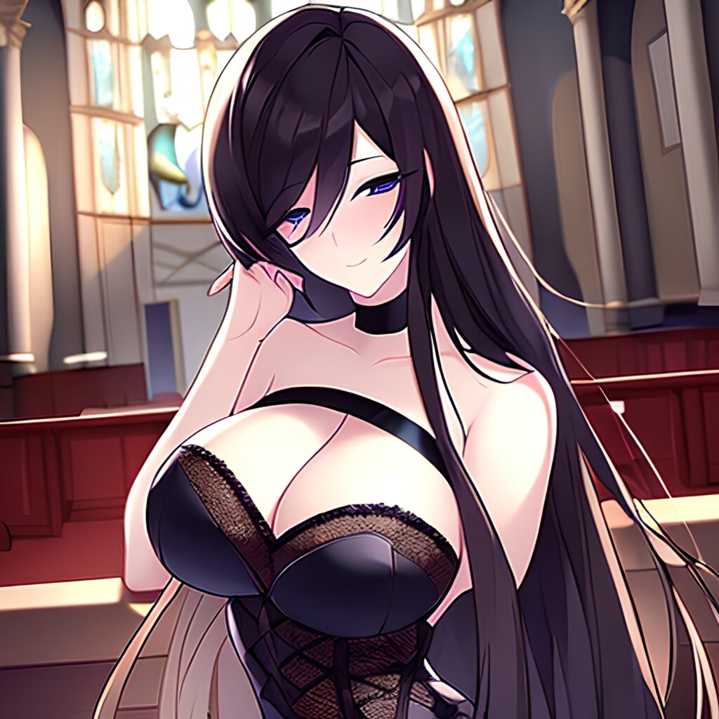 brunette woman messy hair long hair fishnet church 