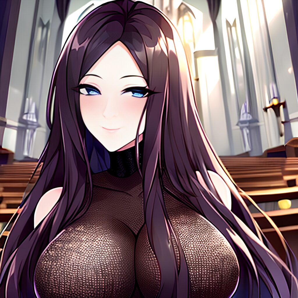 brunette woman messy hair long hair fishnet church 