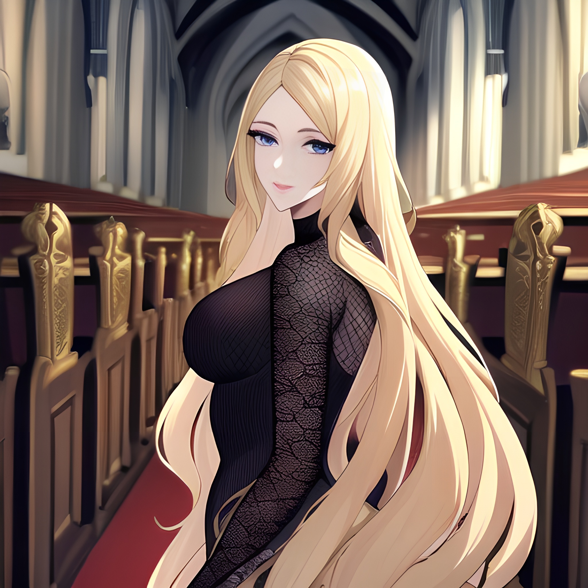church blonde fishnet long hair woman 