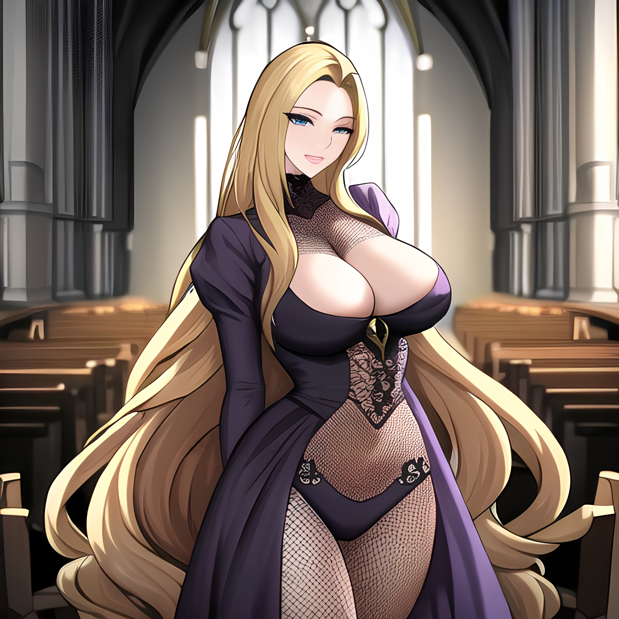 church blonde fishnet long hair woman 