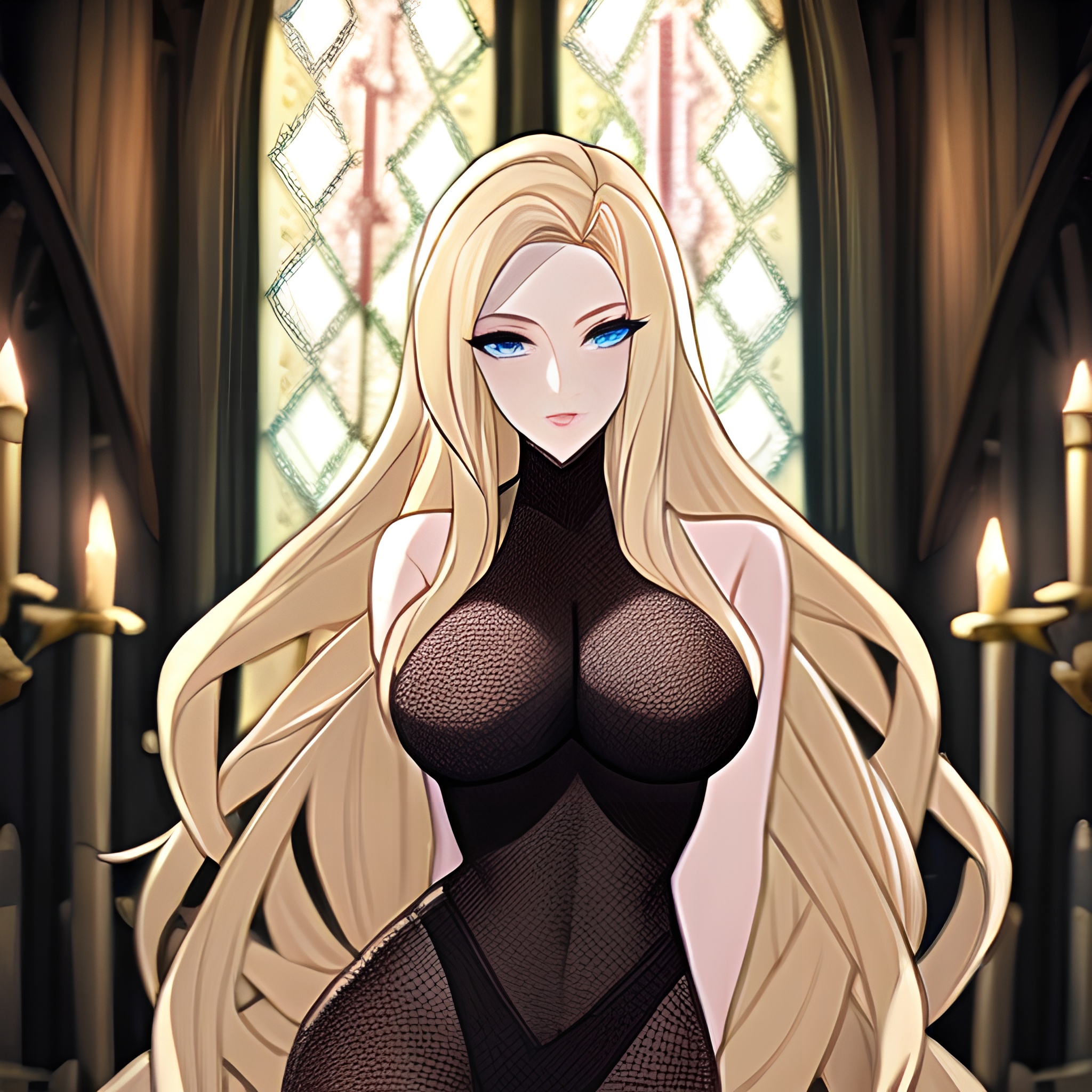 church blonde fishnet long hair woman 