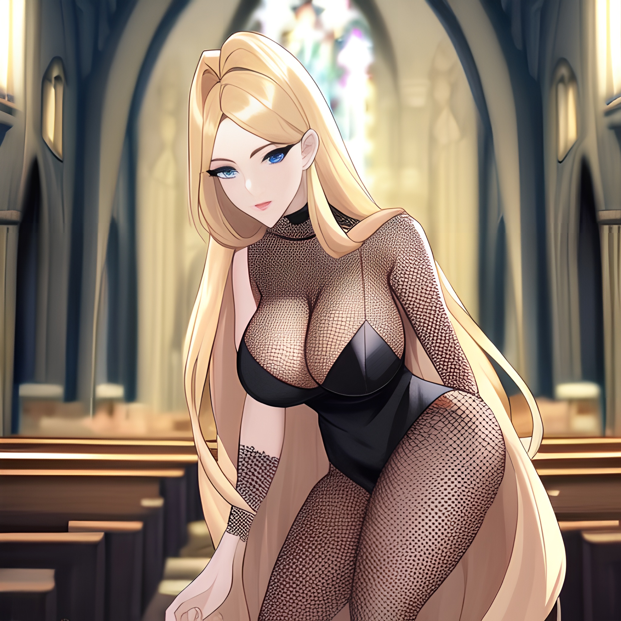 church blonde fishnet long hair woman 
