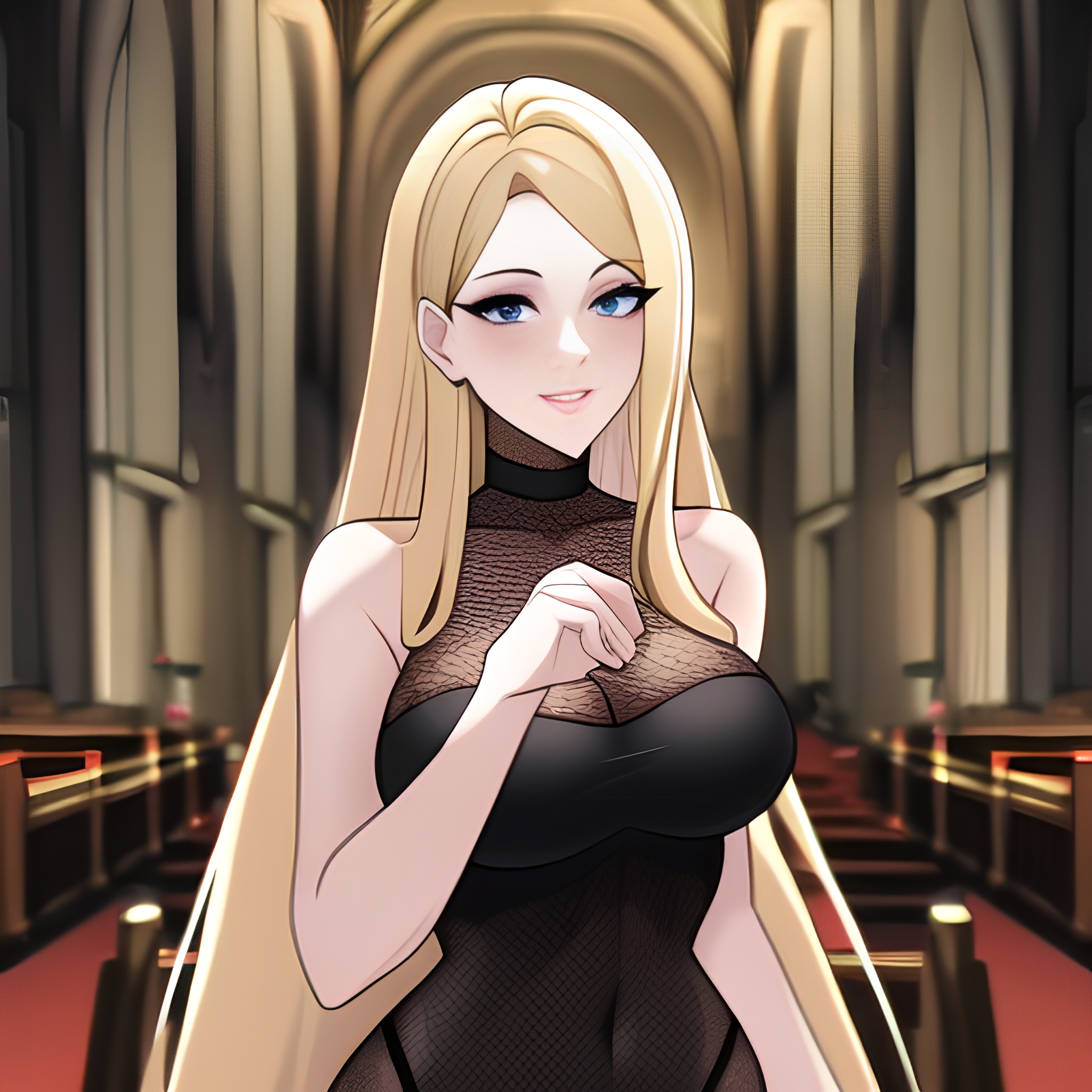 church blonde fishnet woman long hair