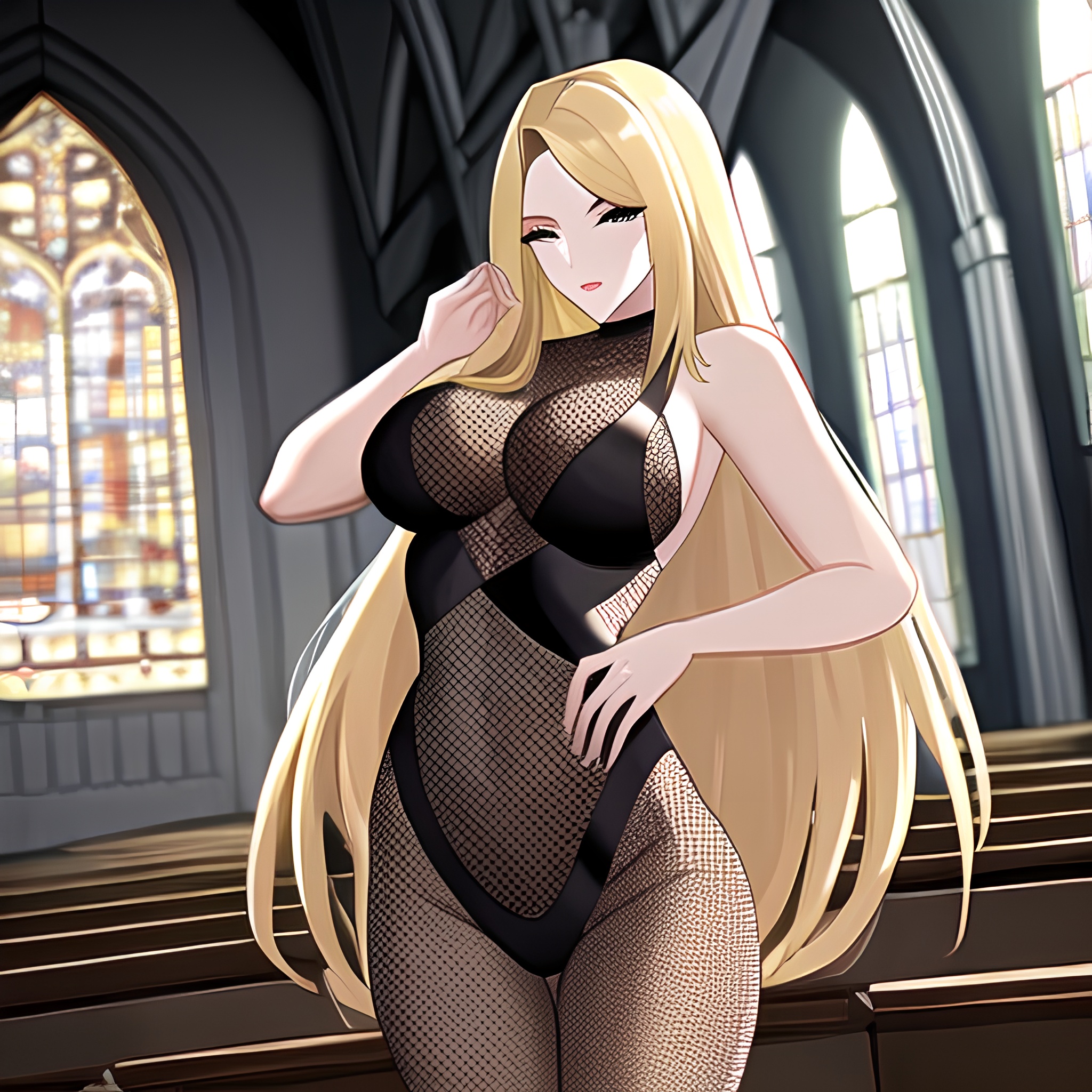 church blonde fishnet woman long hair 