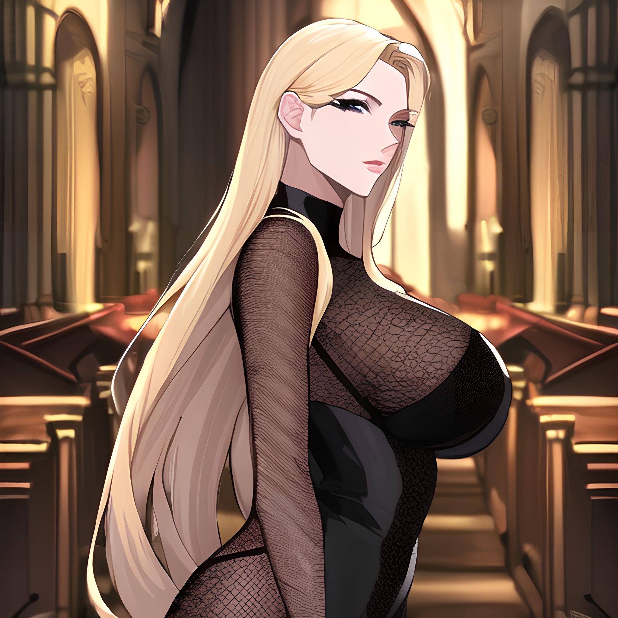 church blonde front view long hair fishnet woman nude small boobs 