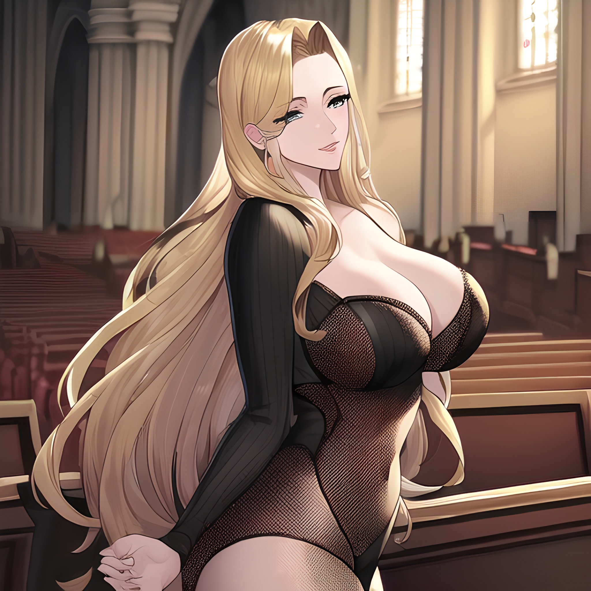 church blonde front view woman long hair fishnet nude small boobs 