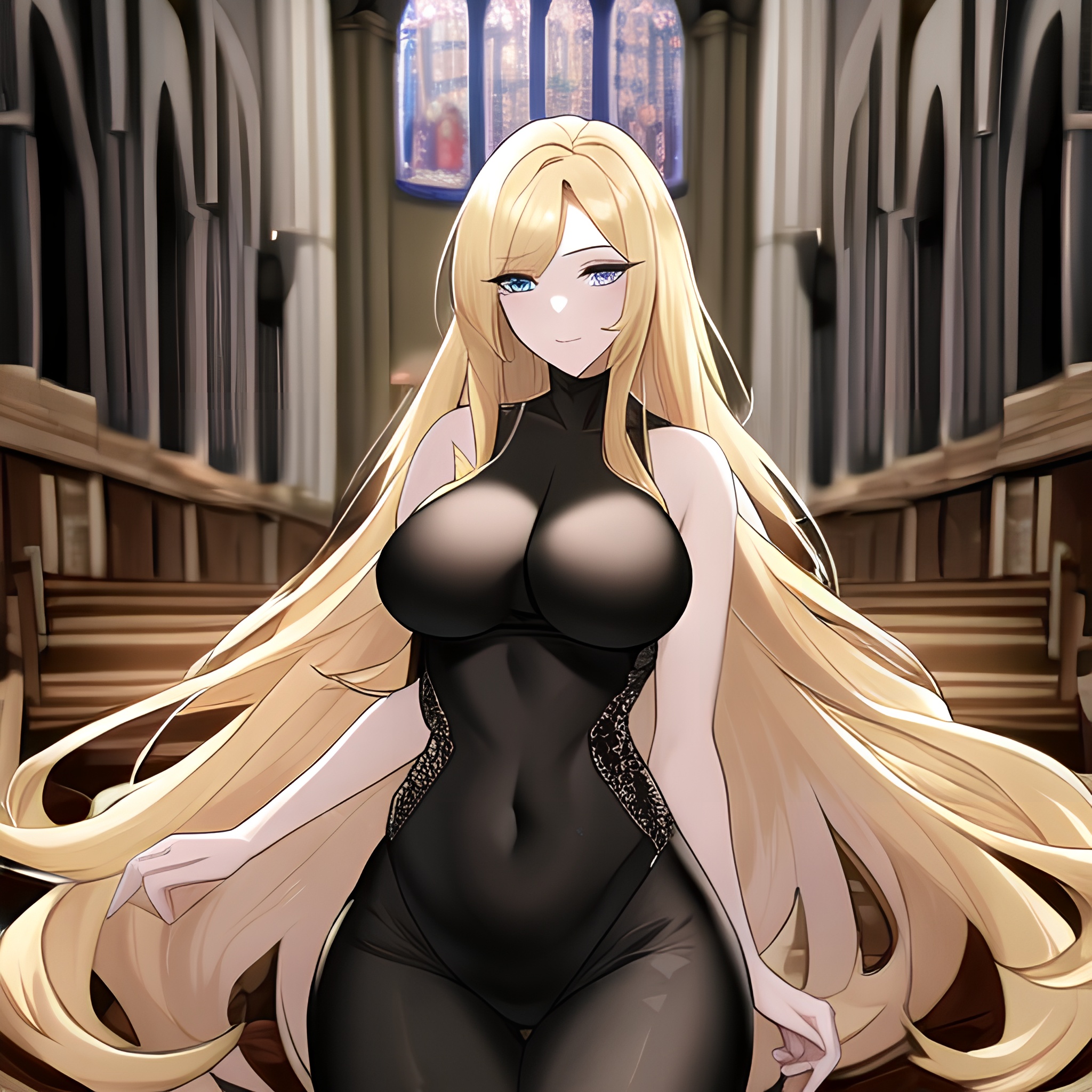 church blonde long hair fishnet woman 